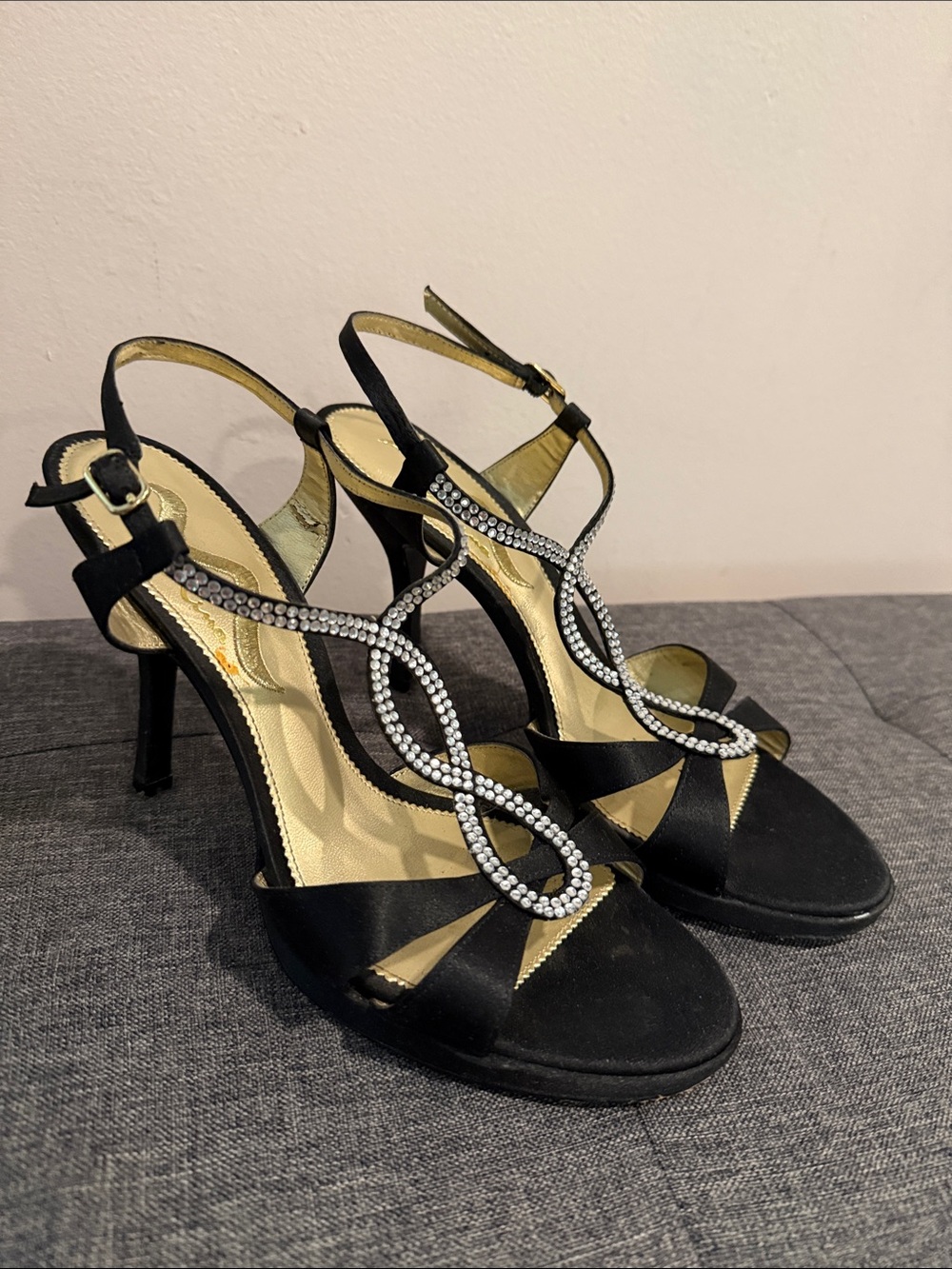 Nina Black Satin Crystal T-Strap High Heel Sandals Size 9.5